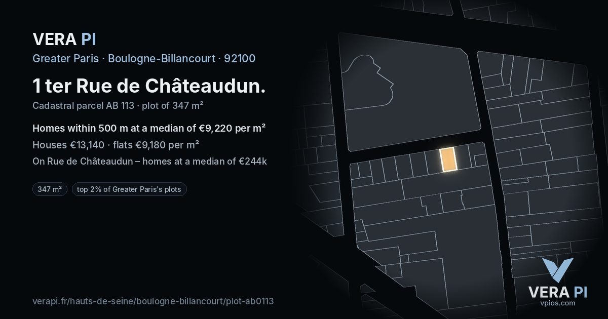 1 ter Rue de Châteaudun, Boulogne-Billancourt at night – the plot lit, the parcels around coloured by the prices near them