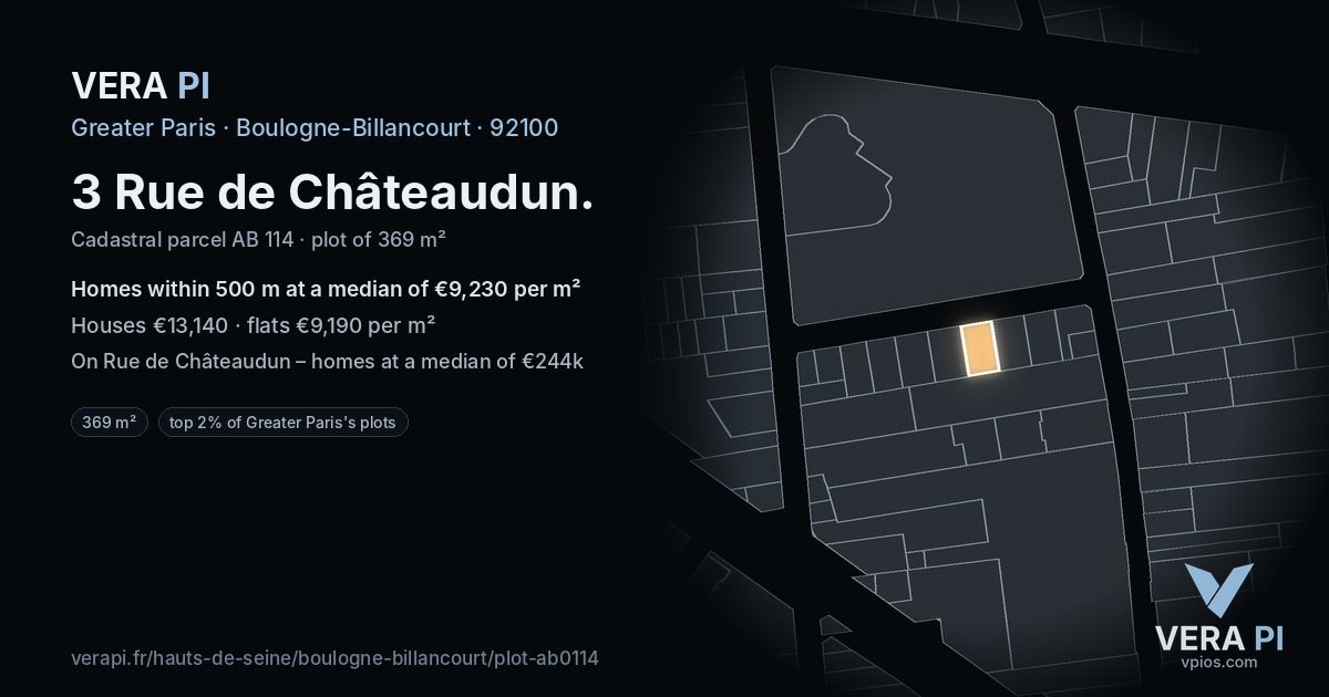 3 Rue de Châteaudun, Boulogne-Billancourt at night – the plot lit, the parcels around coloured by the prices near them