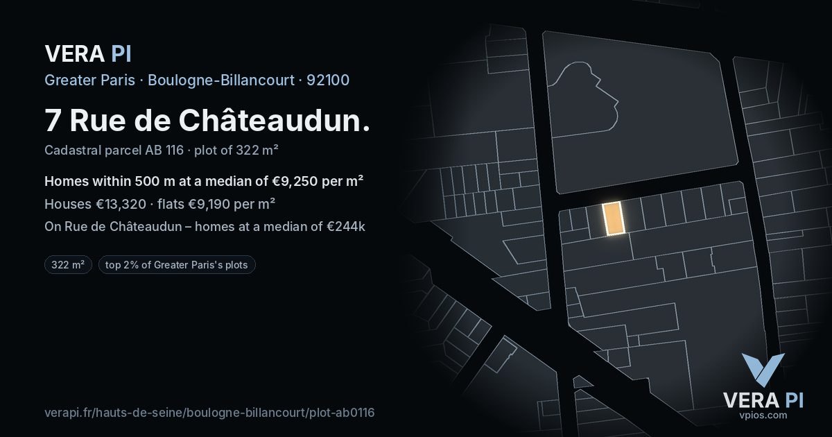 7 Rue de Châteaudun, Boulogne-Billancourt at night – the plot lit, the parcels around coloured by the prices near them