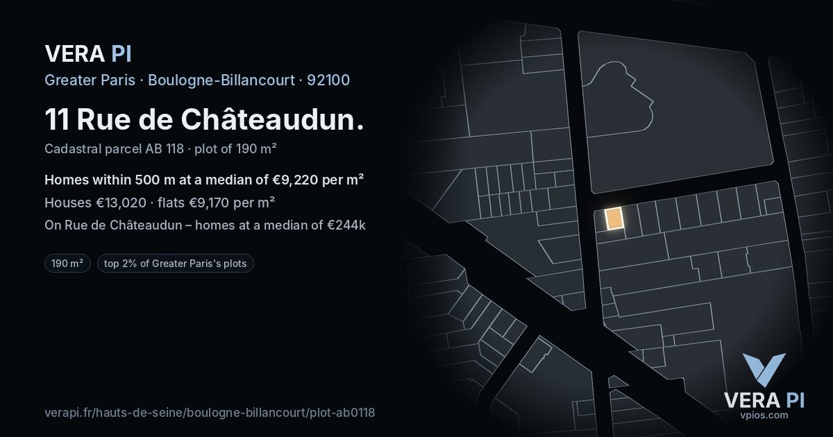 11 Rue de Châteaudun, Boulogne-Billancourt at night – the plot lit, the parcels around coloured by the prices near them