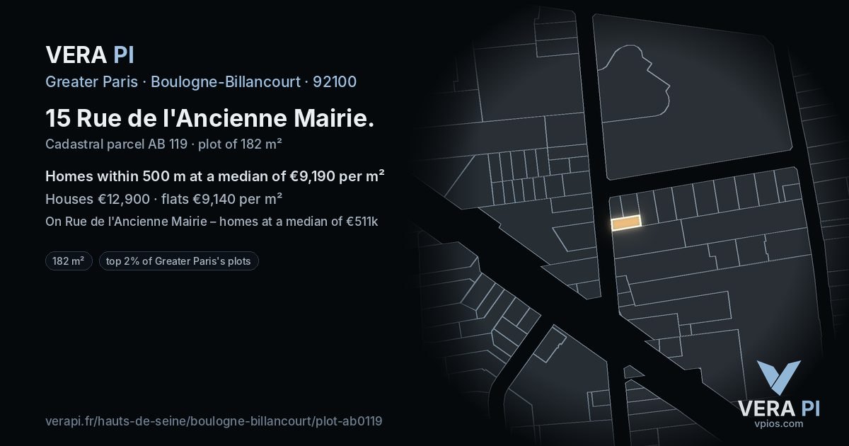 15 Rue de l'Ancienne Mairie, Boulogne-Billancourt at night – the plot lit, the parcels around coloured by the prices near them