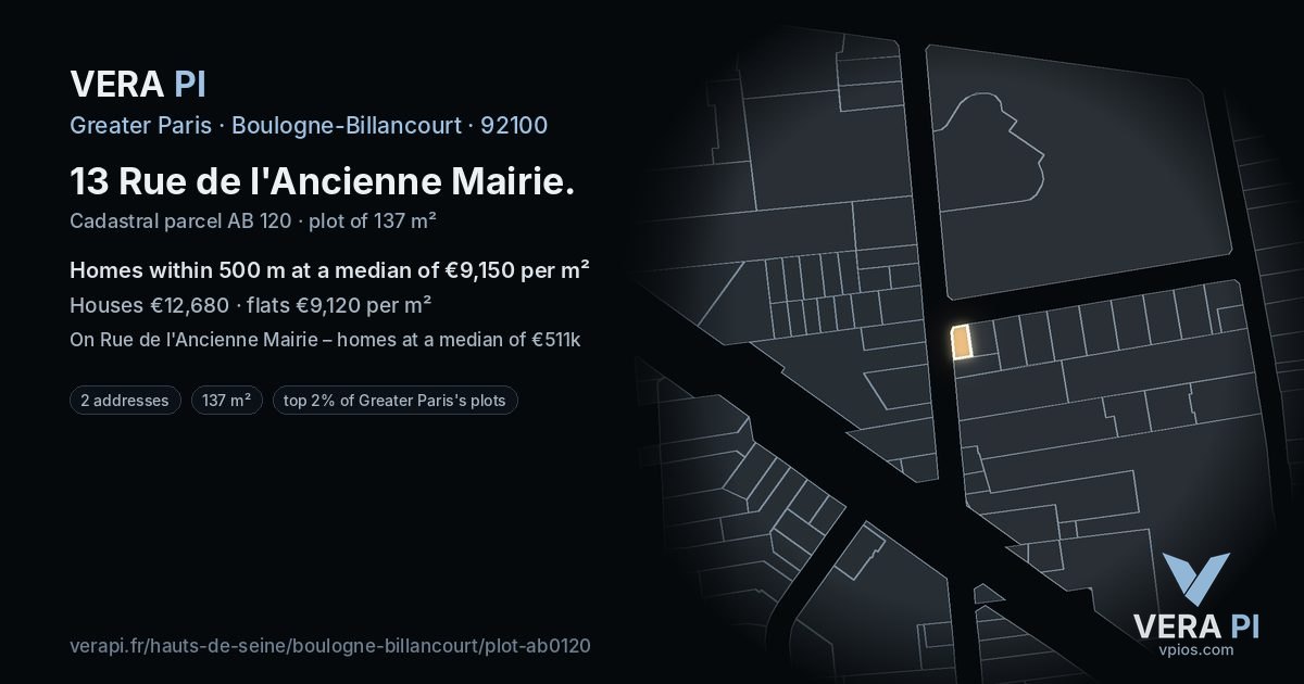 13 Rue de l'Ancienne Mairie, Boulogne-Billancourt at night – the plot lit, the parcels around coloured by the prices near them