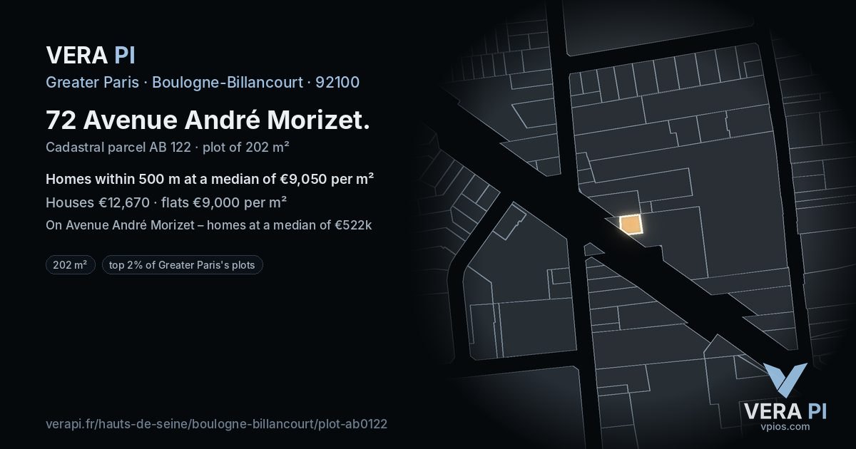 72 Avenue André Morizet, Boulogne-Billancourt at night – the plot lit, the parcels around coloured by the prices near them