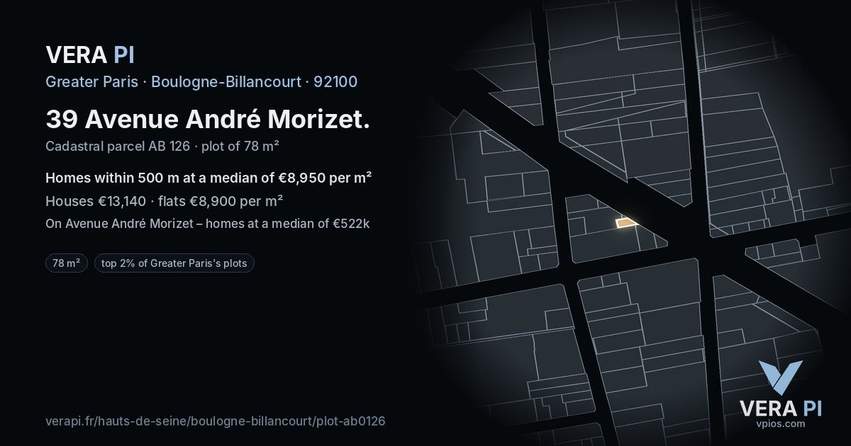 39 Avenue André Morizet, Boulogne-Billancourt at night – the plot lit, the parcels around coloured by the prices near them