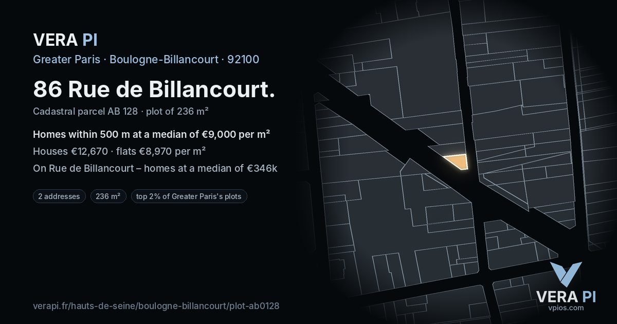 86 Rue de Billancourt, Boulogne-Billancourt at night – the plot lit, the parcels around coloured by the prices near them