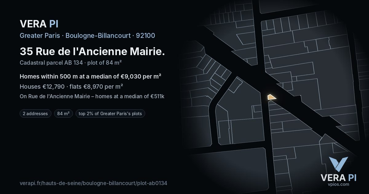 35 Rue de l'Ancienne Mairie, Boulogne-Billancourt at night – the plot lit, the parcels around coloured by the prices near them