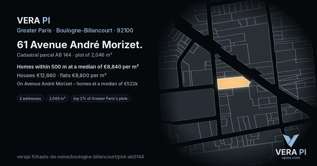 61 Avenue André Morizet, Boulogne-Billancourt at night – the plot lit, the parcels around coloured by the prices near them