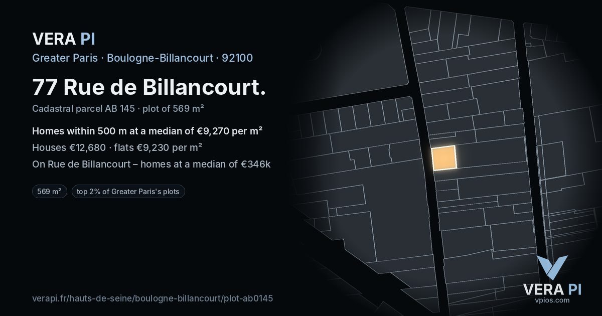 77 Rue de Billancourt, Boulogne-Billancourt at night – the plot lit, the parcels around coloured by the prices near them