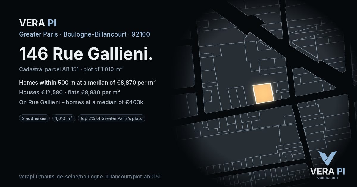 146 Rue Gallieni, Boulogne-Billancourt at night – the plot lit, the parcels around coloured by the prices near them