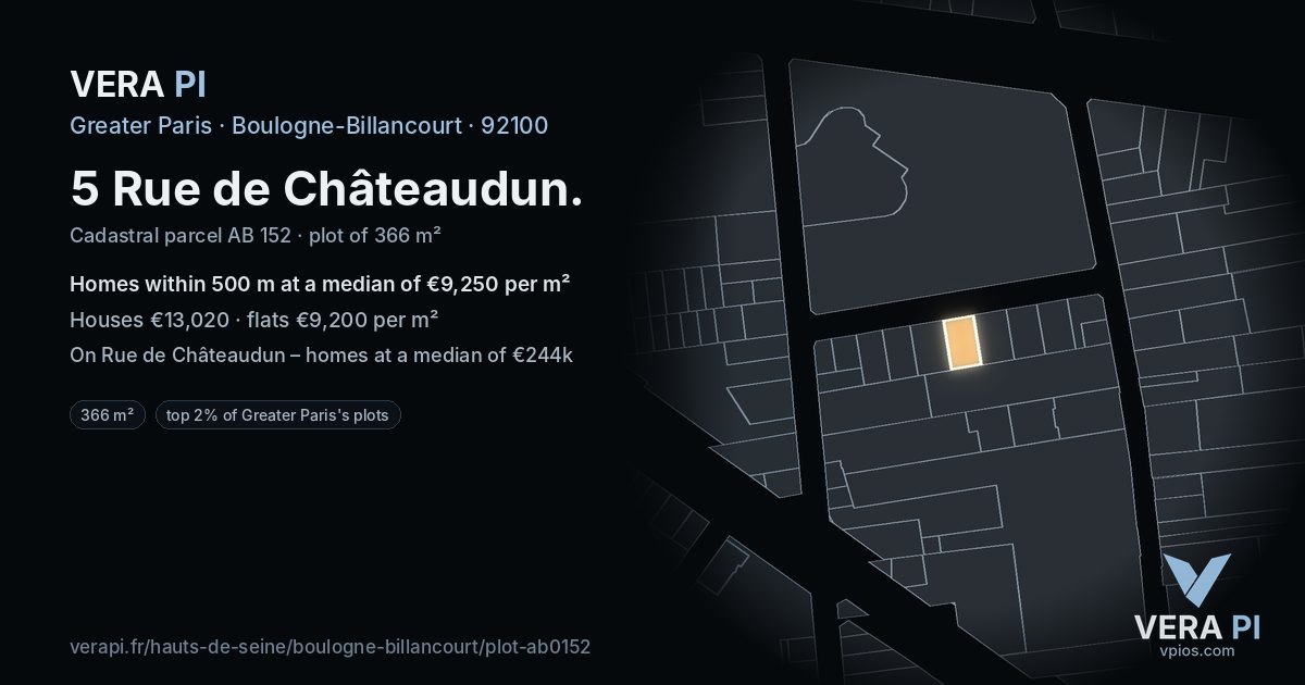 5 Rue de Châteaudun, Boulogne-Billancourt at night – the plot lit, the parcels around coloured by the prices near them