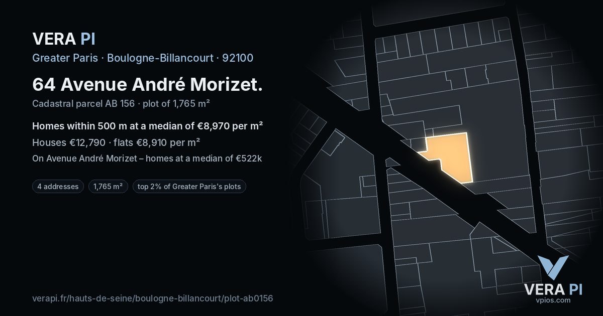 64 Avenue André Morizet, Boulogne-Billancourt at night – the plot lit, the parcels around coloured by the prices near them