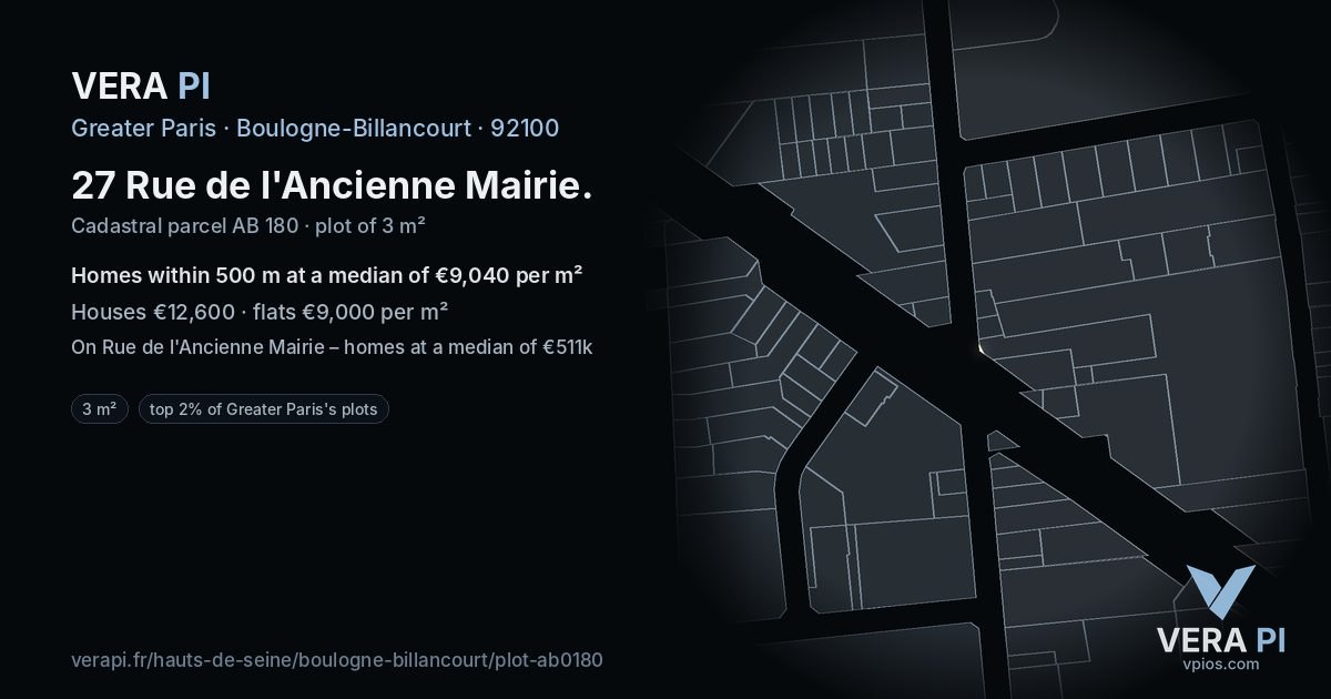 27 Rue de l'Ancienne Mairie, Boulogne-Billancourt at night – the plot lit, the parcels around coloured by the prices near them