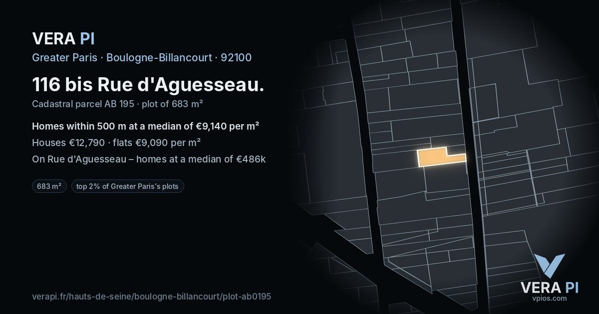 116 bis Rue d'Aguesseau, Boulogne-Billancourt at night – the plot lit, the parcels around coloured by the prices near them