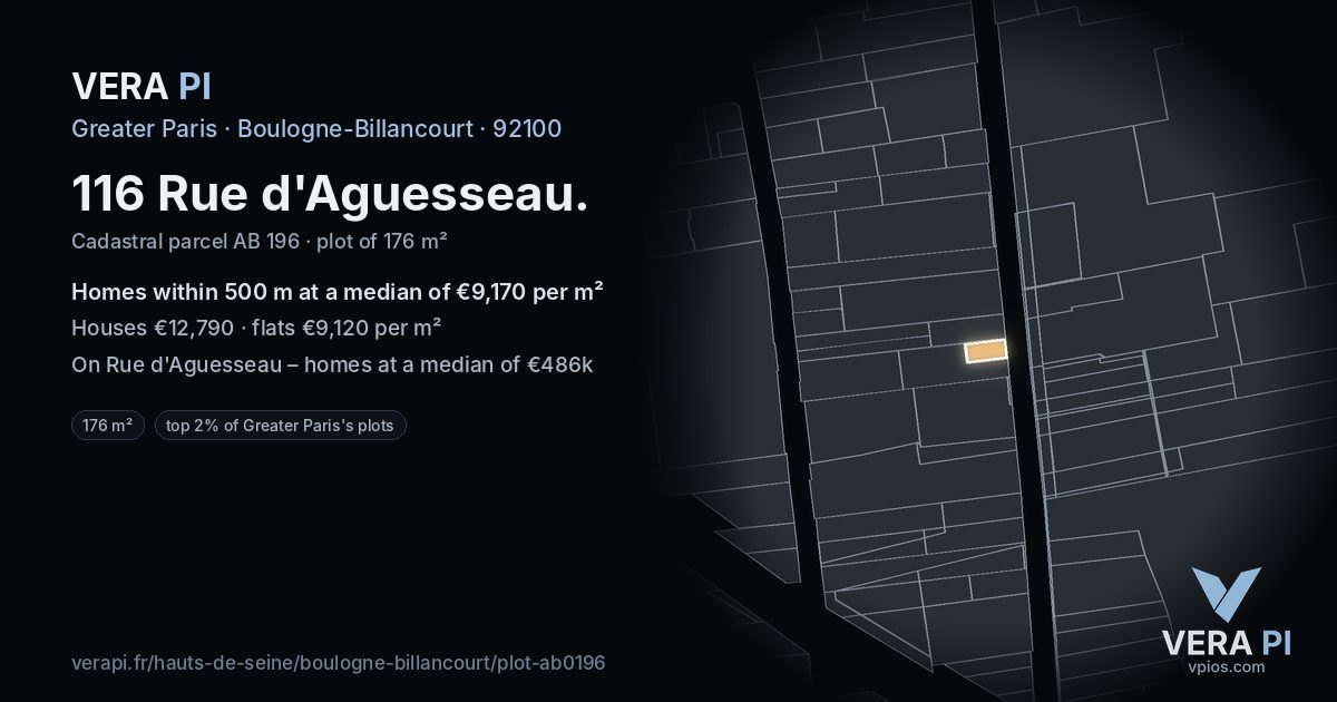 116 Rue d'Aguesseau, Boulogne-Billancourt at night – the plot lit, the parcels around coloured by the prices near them
