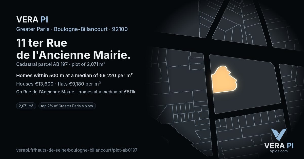 11 ter Rue de l'Ancienne Mairie, Boulogne-Billancourt at night – the plot lit, the parcels around coloured by the prices near them