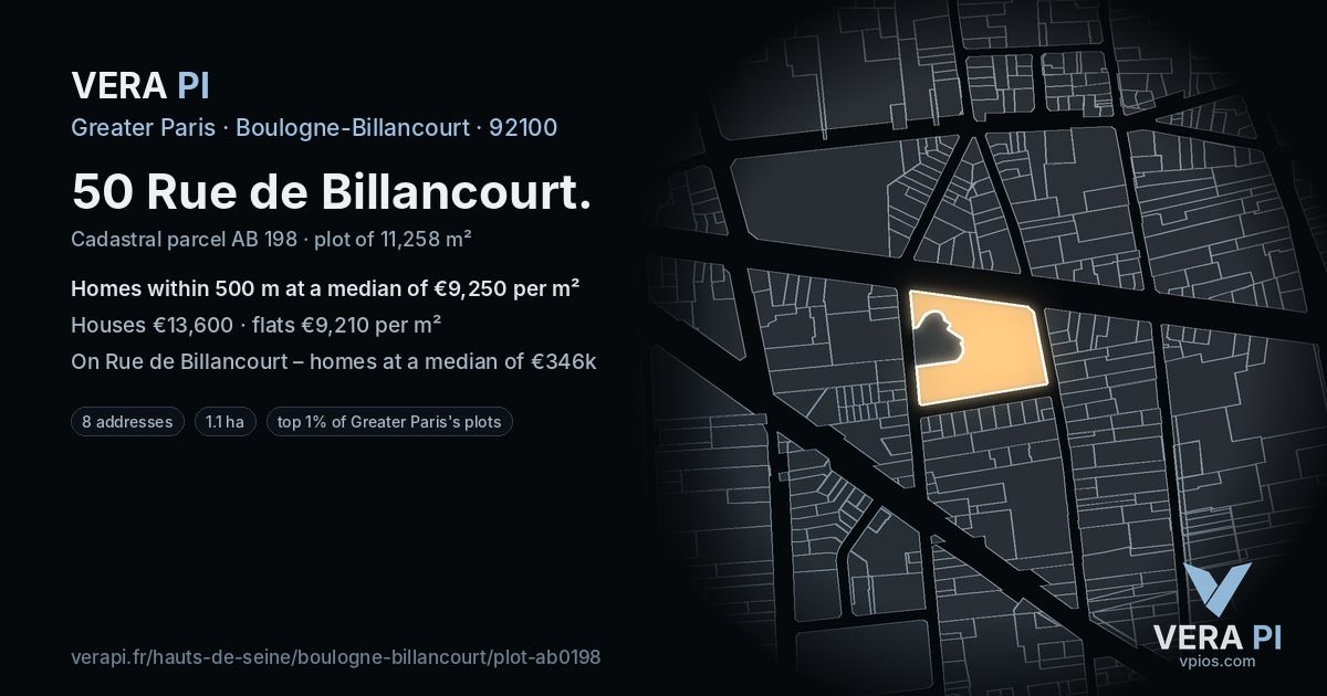 50 Rue de Billancourt, Boulogne-Billancourt at night – the plot lit, the parcels around coloured by the prices near them