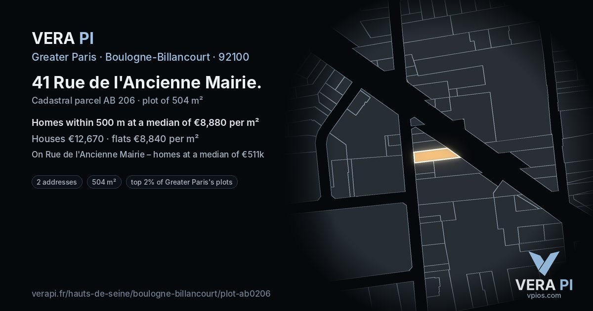 41 Rue de l'Ancienne Mairie, Boulogne-Billancourt at night – the plot lit, the parcels around coloured by the prices near them