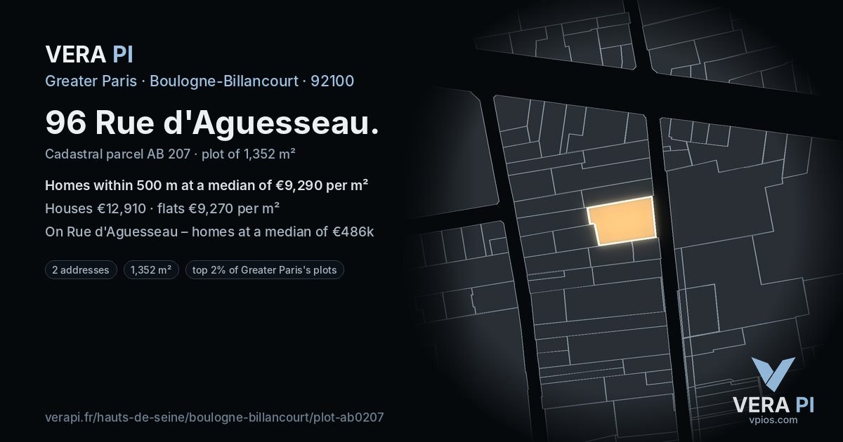 96 Rue d'Aguesseau, Boulogne-Billancourt at night – the plot lit, the parcels around coloured by the prices near them