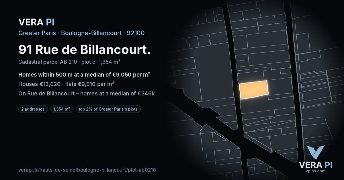 91 Rue de Billancourt, Boulogne-Billancourt at night – the plot lit, the parcels around coloured by the prices near them