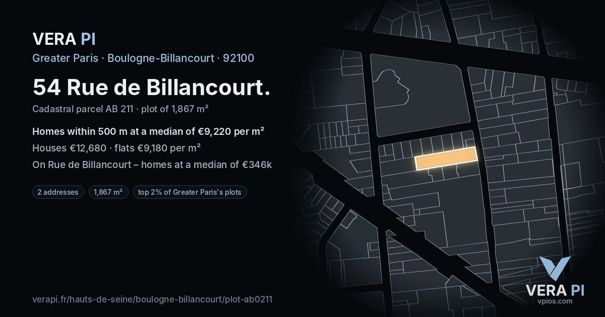 54 Rue de Billancourt, Boulogne-Billancourt at night – the plot lit, the parcels around coloured by the prices near them