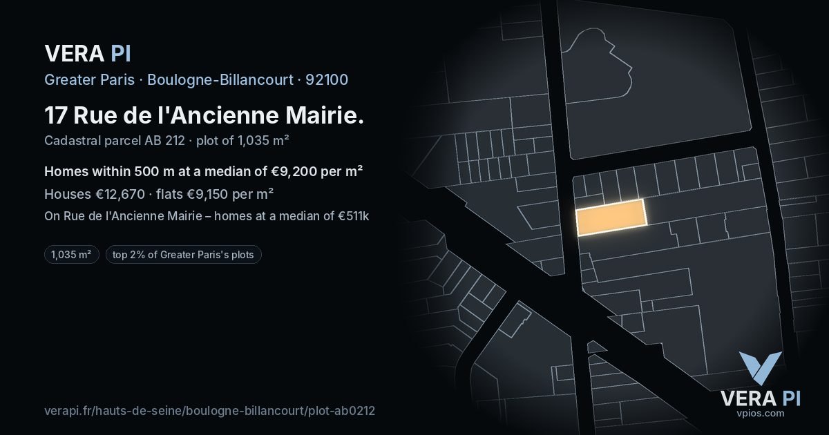 17 Rue de l'Ancienne Mairie, Boulogne-Billancourt at night – the plot lit, the parcels around coloured by the prices near them