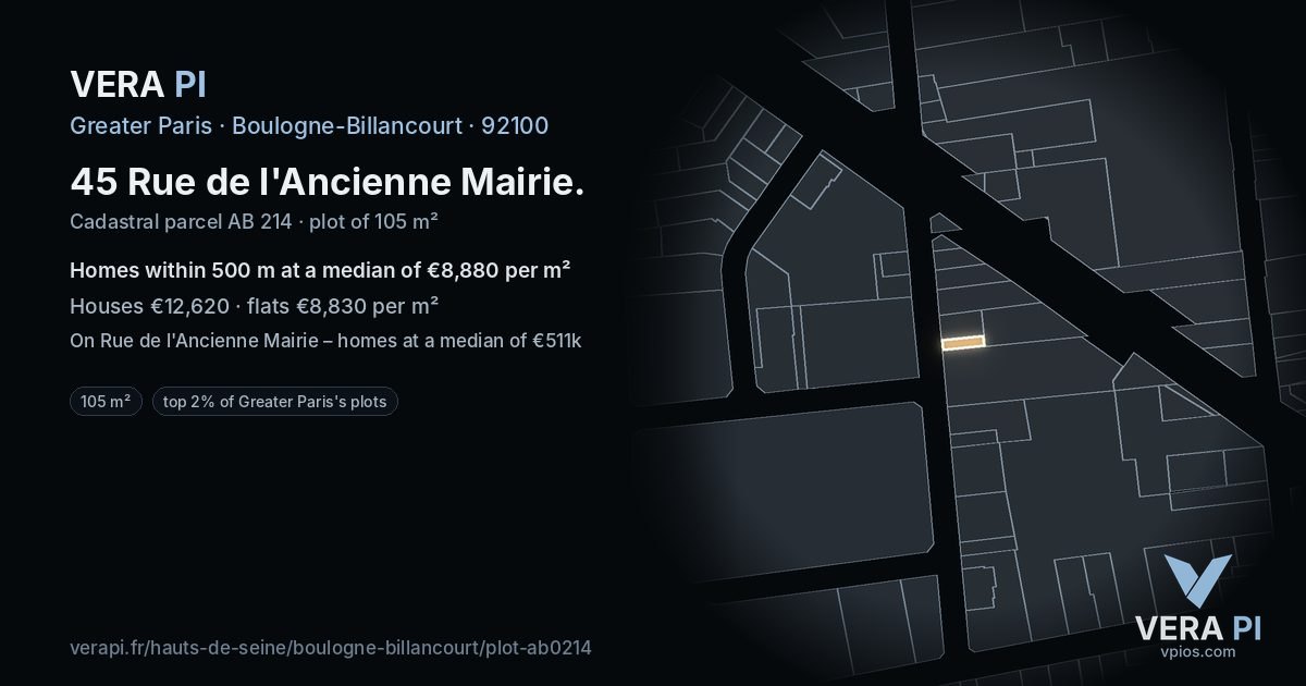45 Rue de l'Ancienne Mairie, Boulogne-Billancourt at night – the plot lit, the parcels around coloured by the prices near them