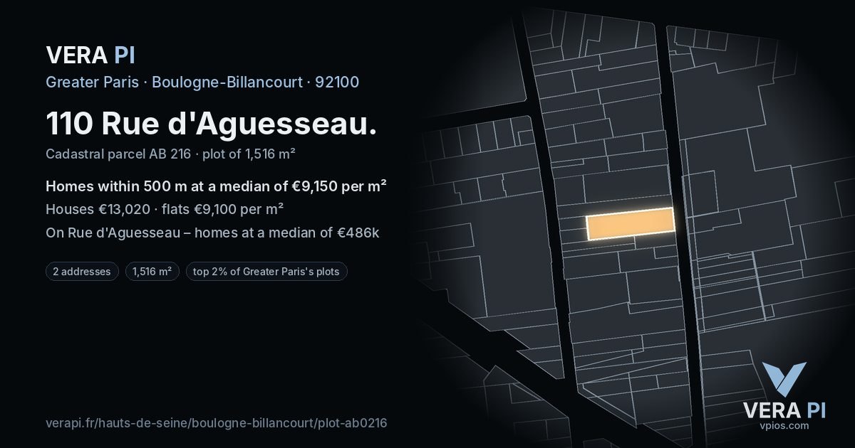 110 Rue d'Aguesseau, Boulogne-Billancourt at night – the plot lit, the parcels around coloured by the prices near them
