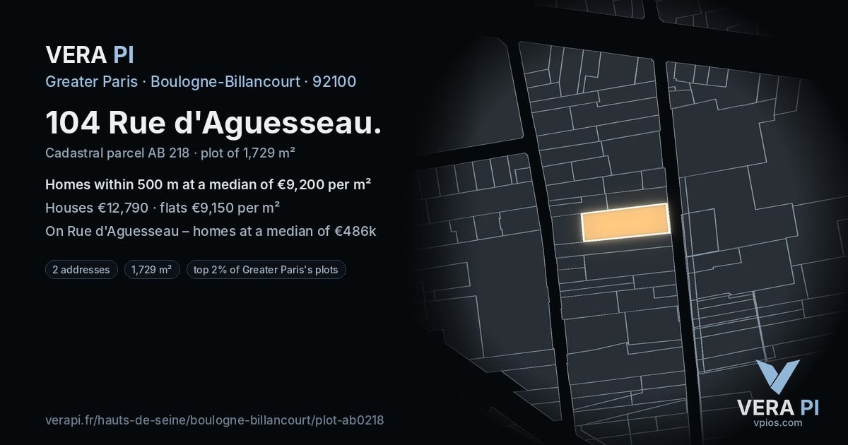 104 Rue d'Aguesseau, Boulogne-Billancourt at night – the plot lit, the parcels around coloured by the prices near them