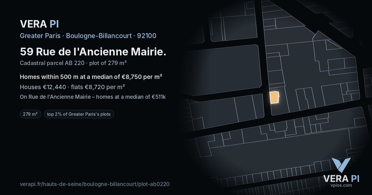 59 Rue de l'Ancienne Mairie, Boulogne-Billancourt at night – the plot lit, the parcels around coloured by the prices near them