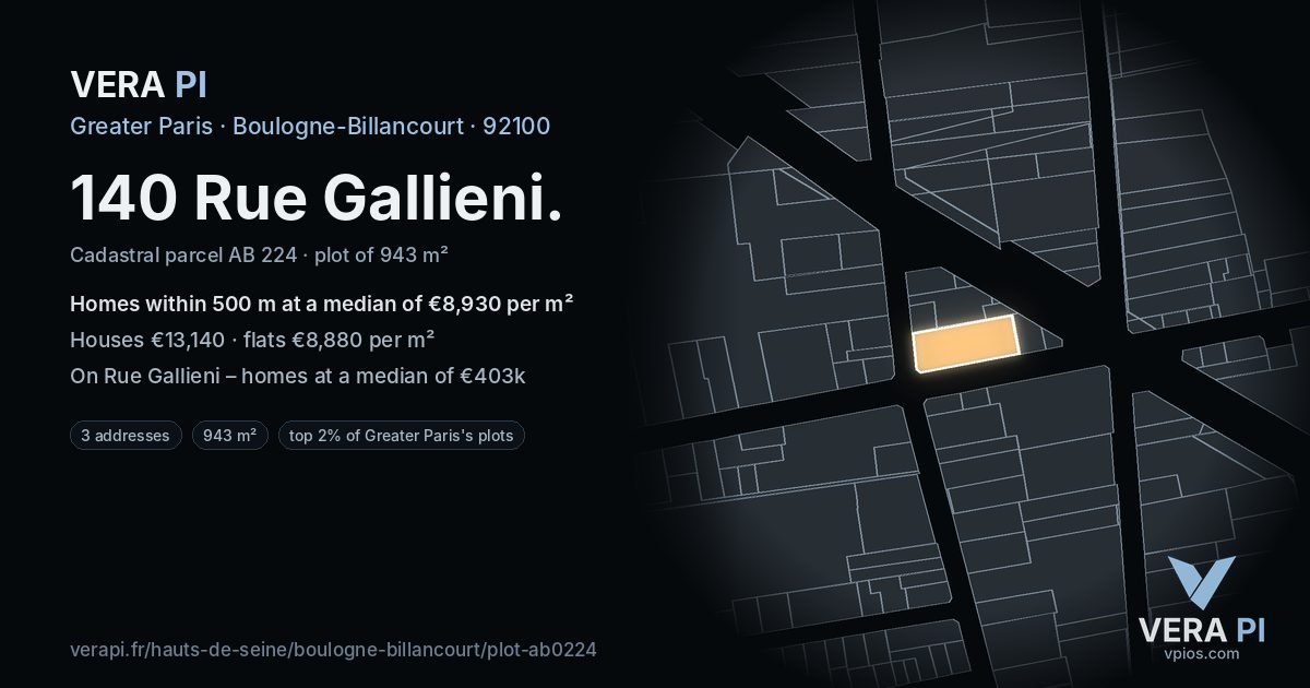 140 Rue Gallieni, Boulogne-Billancourt at night – the plot lit, the parcels around coloured by the prices near them