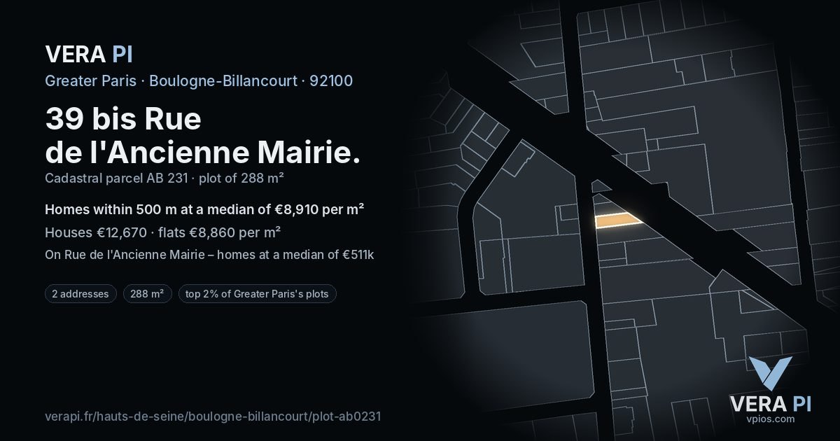 39 bis Rue de l'Ancienne Mairie, Boulogne-Billancourt at night – the plot lit, the parcels around coloured by the prices near them