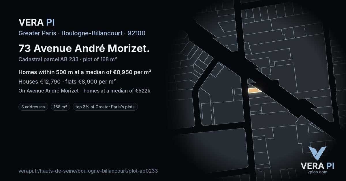 73 Avenue André Morizet, Boulogne-Billancourt at night – the plot lit, the parcels around coloured by the prices near them