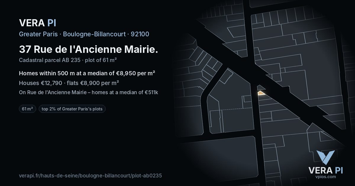 37 Rue de l'Ancienne Mairie, Boulogne-Billancourt at night – the plot lit, the parcels around coloured by the prices near them
