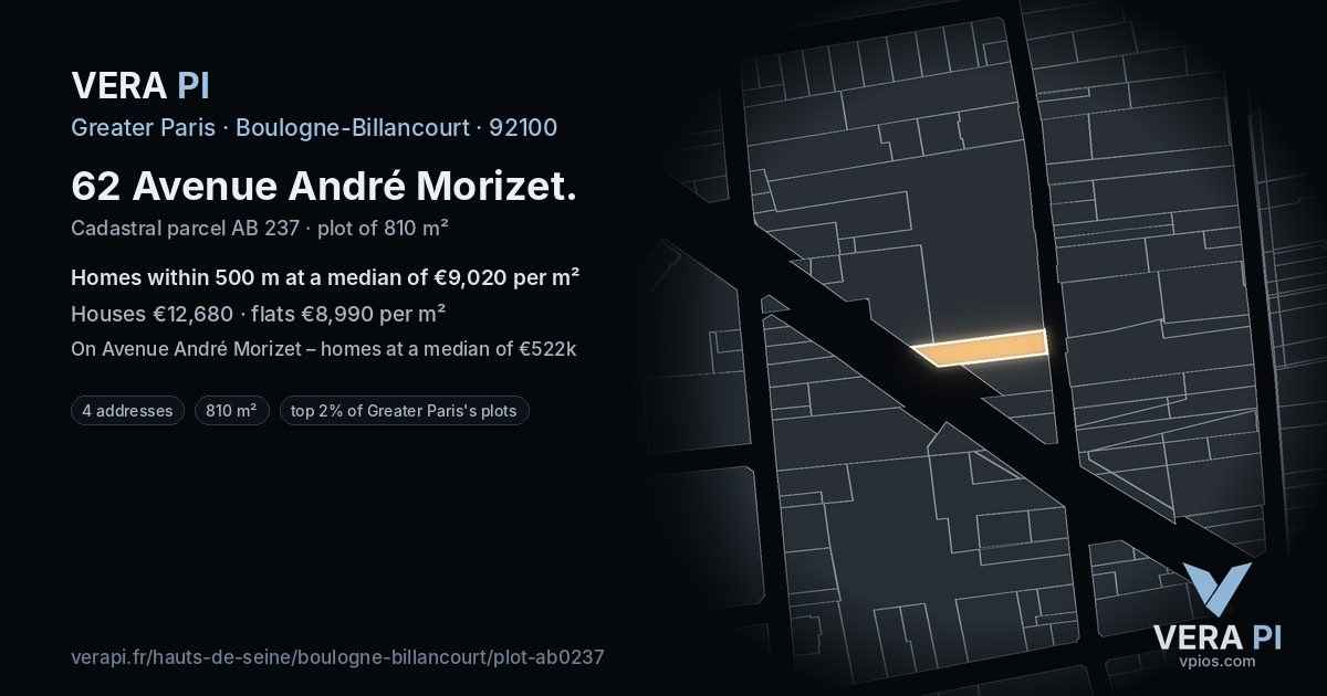 62 Avenue André Morizet, Boulogne-Billancourt at night – the plot lit, the parcels around coloured by the prices near them