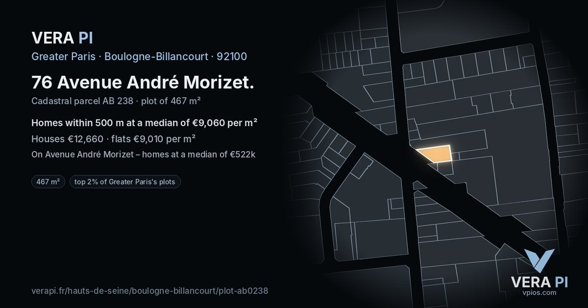 76 Avenue André Morizet, Boulogne-Billancourt at night – the plot lit, the parcels around coloured by the prices near them