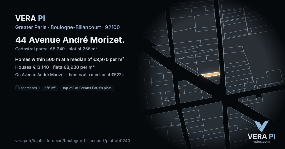 44 Avenue André Morizet, Boulogne-Billancourt at night – the plot lit, the parcels around coloured by the prices near them