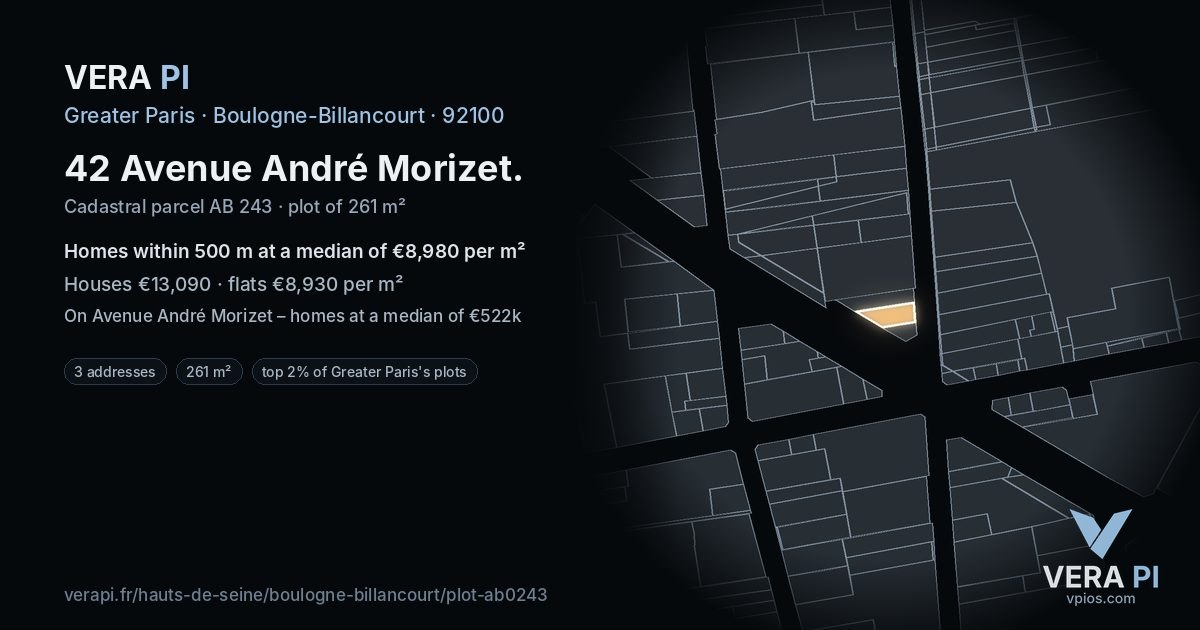 42 Avenue André Morizet, Boulogne-Billancourt at night – the plot lit, the parcels around coloured by the prices near them