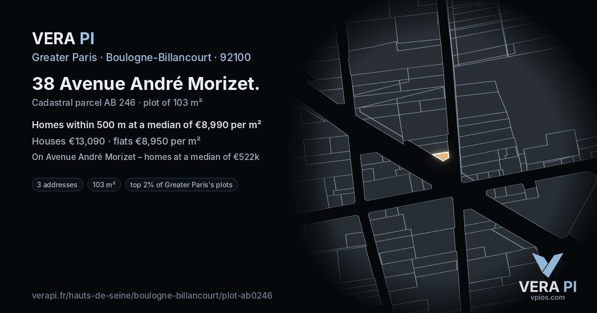 38 Avenue André Morizet, Boulogne-Billancourt at night – the plot lit, the parcels around coloured by the prices near them