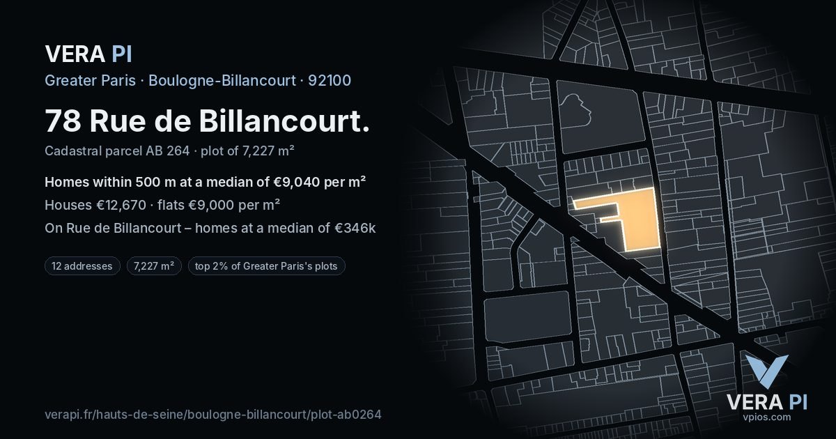 78 Rue de Billancourt, Boulogne-Billancourt at night – the plot lit, the parcels around coloured by the prices near them