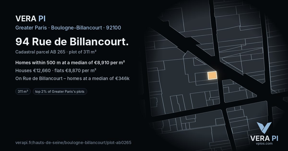 94 Rue de Billancourt, Boulogne-Billancourt at night – the plot lit, the parcels around coloured by the prices near them