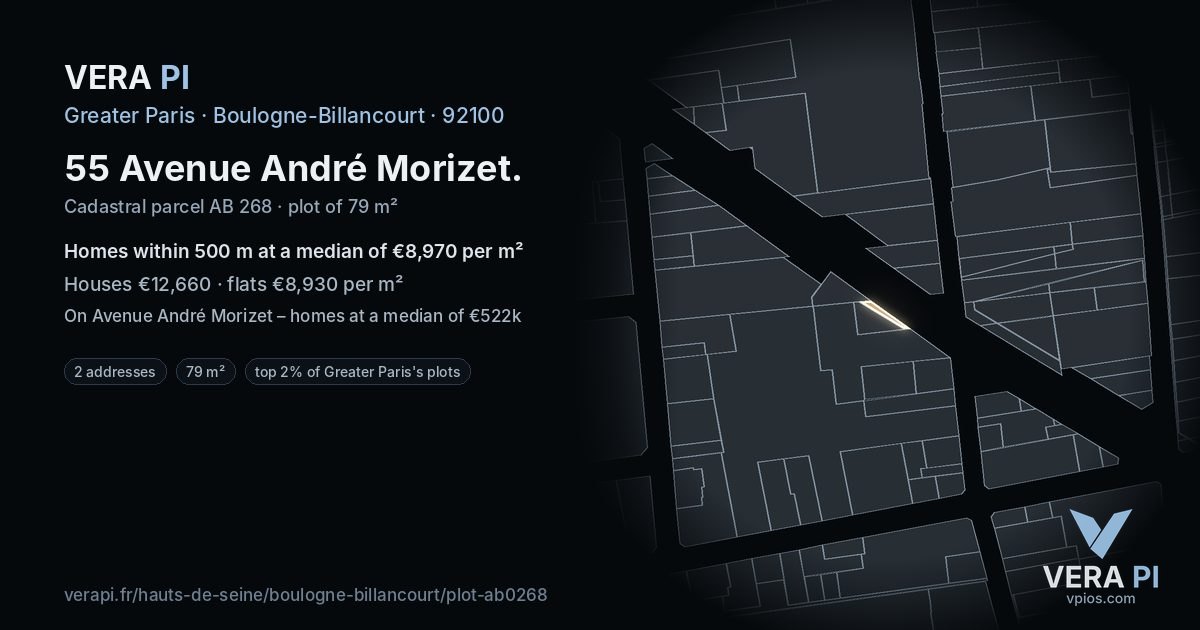 55 Avenue André Morizet, Boulogne-Billancourt at night – the plot lit, the parcels around coloured by the prices near them