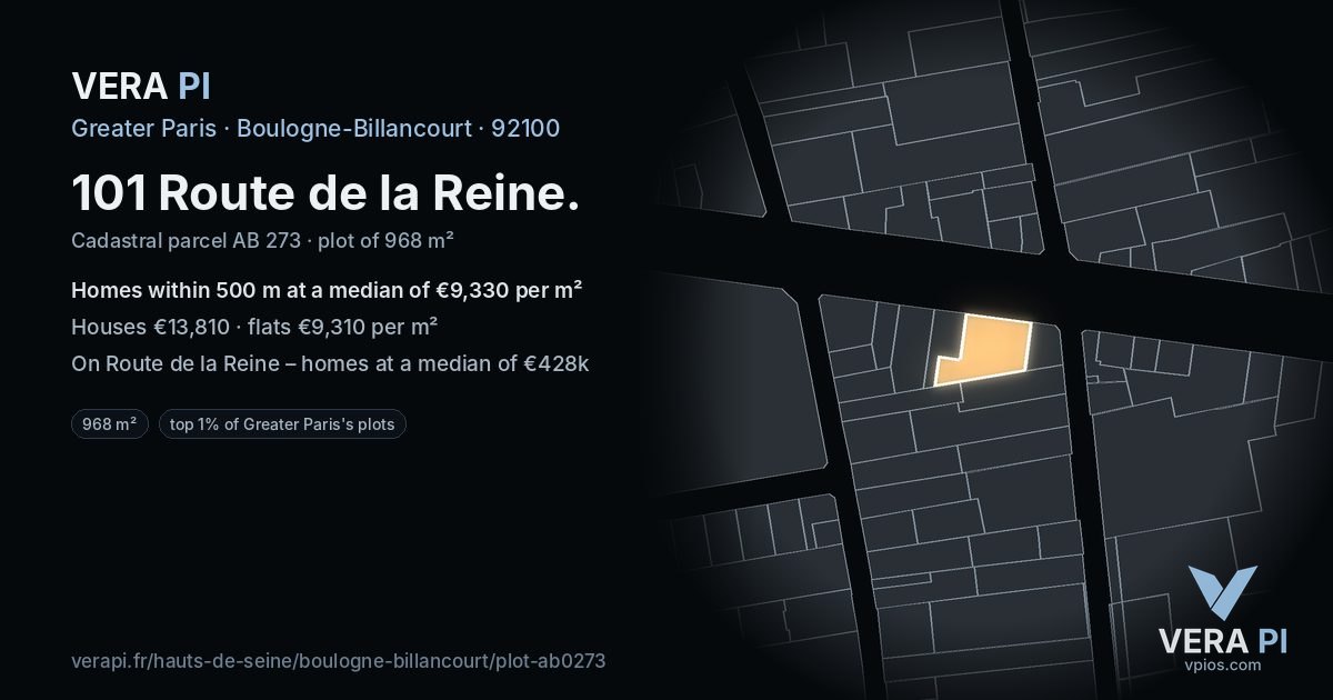 101 Route de la Reine, Boulogne-Billancourt at night – the plot lit, the parcels around coloured by the prices near them