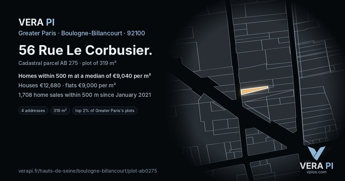 56 Rue Le Corbusier, Boulogne-Billancourt at night – the plot lit, the parcels around coloured by the prices near them