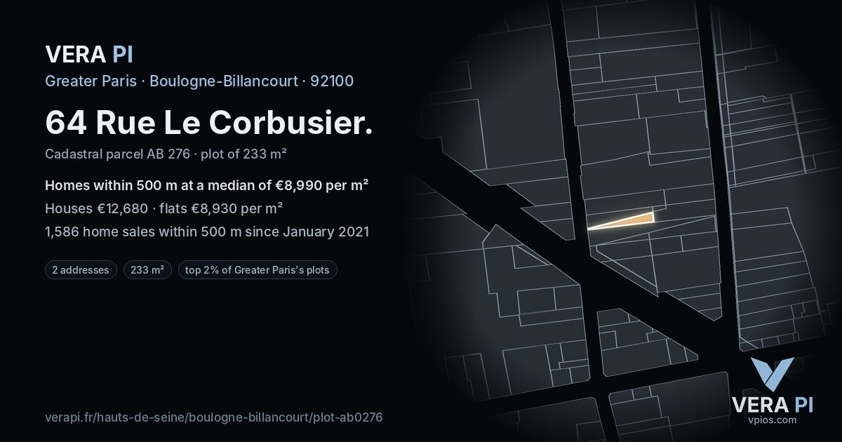 64 Rue Le Corbusier, Boulogne-Billancourt at night – the plot lit, the parcels around coloured by the prices near them