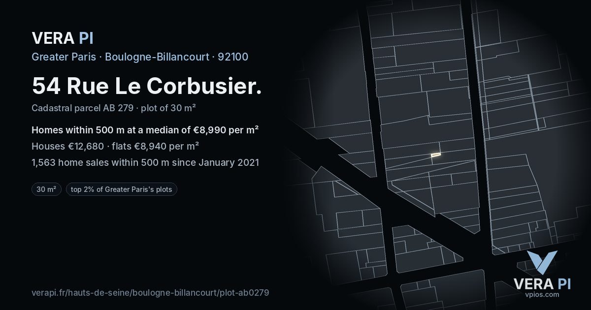 54 Rue Le Corbusier, Boulogne-Billancourt at night – the plot lit, the parcels around coloured by the prices near them