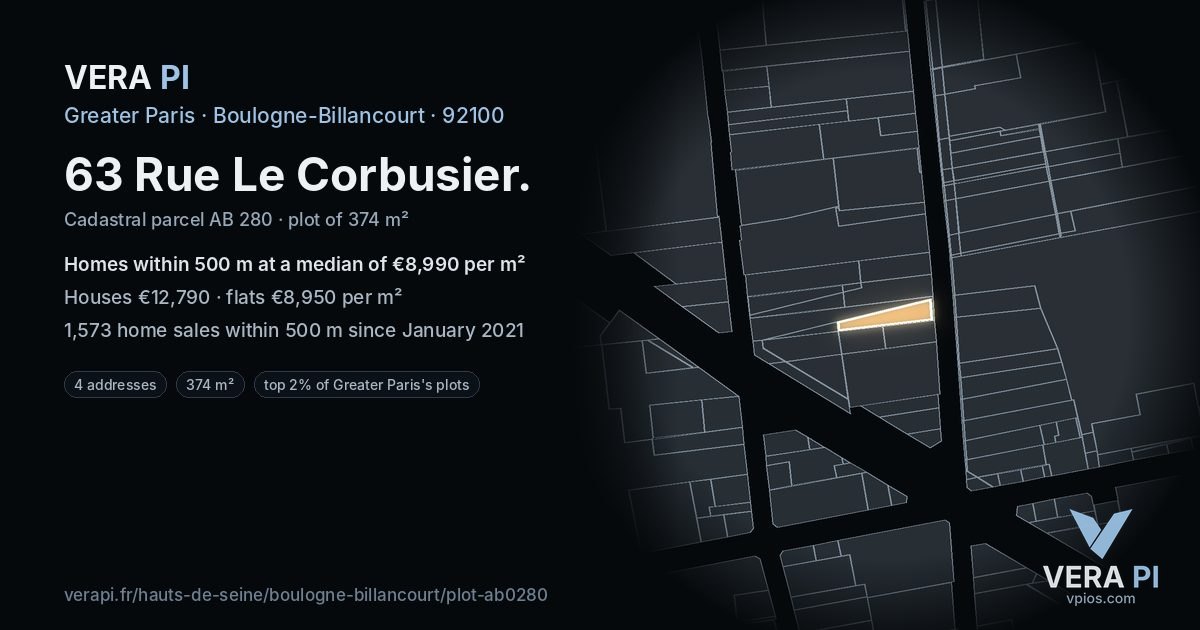 63 Rue Le Corbusier, Boulogne-Billancourt at night – the plot lit, the parcels around coloured by the prices near them