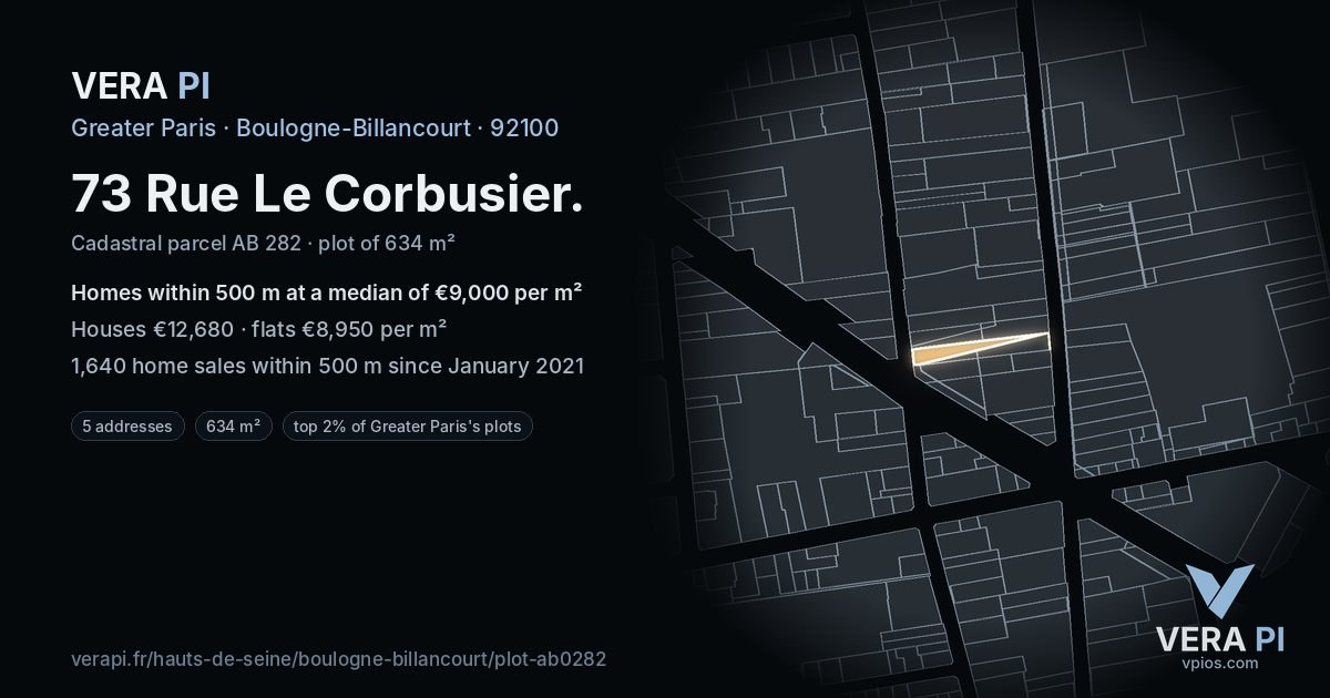 73 Rue Le Corbusier, Boulogne-Billancourt at night – the plot lit, the parcels around coloured by the prices near them