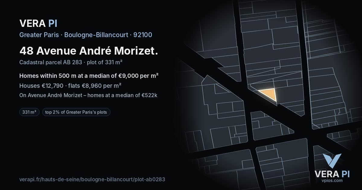 48 Avenue André Morizet, Boulogne-Billancourt at night – the plot lit, the parcels around coloured by the prices near them