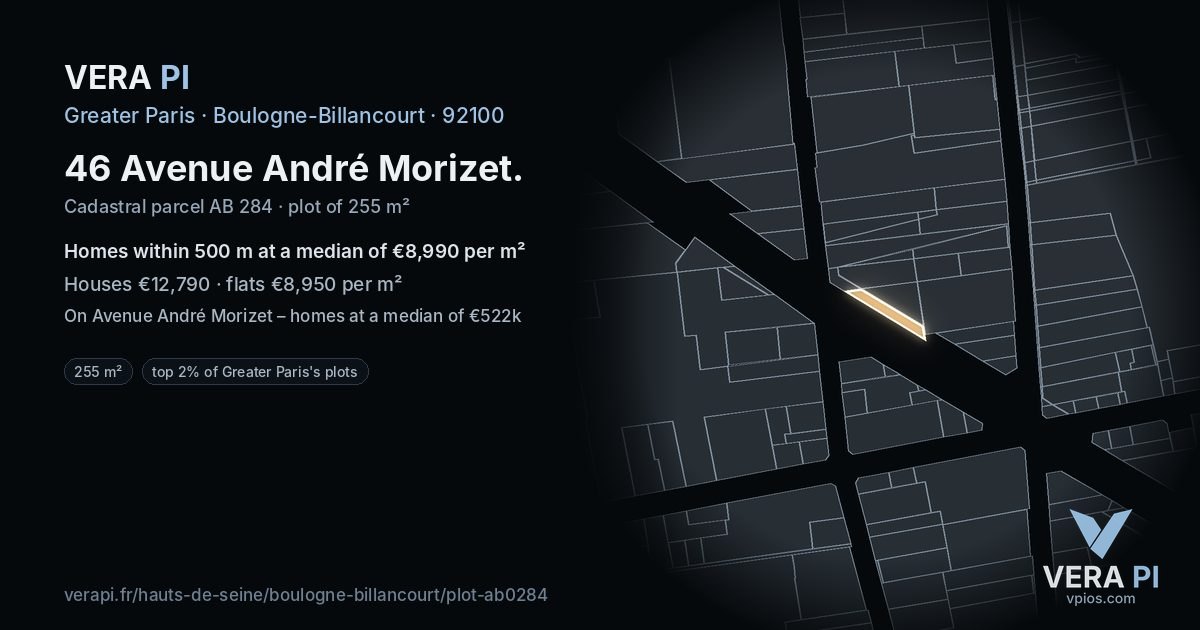 46 Avenue André Morizet, Boulogne-Billancourt at night – the plot lit, the parcels around coloured by the prices near them