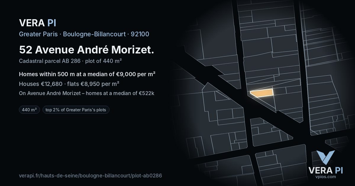 52 Avenue André Morizet, Boulogne-Billancourt at night – the plot lit, the parcels around coloured by the prices near them